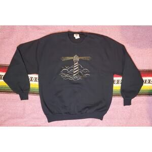 Vintage Jerzees Lighthouse Ocean Black Crewneck Sweater XL